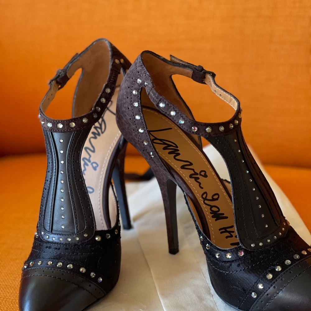 HP💝Vintage New LANVIN blk & brn satin & leather with rhinestones HEELS - Picture 8 of 13